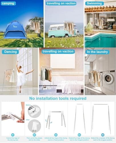 Heekaby Travel Garment Rack, Stainless Steel Portable Clothes Rack Collapsible, Folding Clothes Rack for Indoor & Outdoor, Portable Clothes Airer for Travel 7