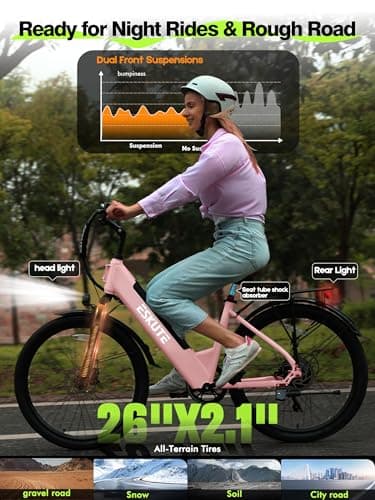 ESKUTE Electric Bike for Adults-1300w Peak Ebike, 28MPH Step Thru Electric Bicycle，70Miles 840 WH Removable Battery e-Bike, 7-Speed 26'' tire, Adjustable Stem, 11 6