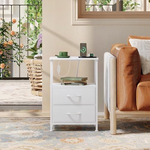 Somdot White Nightstand with Charging Station and LED Light for Bedroom, 2 Drawers Dresser with Fabric Bins for Bedside Kids Dorm Room Closet Laundry Entryway, White Leather 7