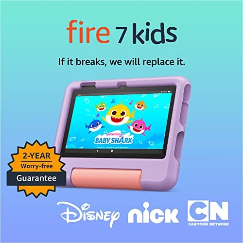 Amazon Fire 7 Kids tablet (newest model) ages 3-7. Top-selling 7" kids tablet on Amazon. Includes 6 months of ad-free and exclusive content, easy parental controls, 10-hr battery, 16 GB, Purple 7