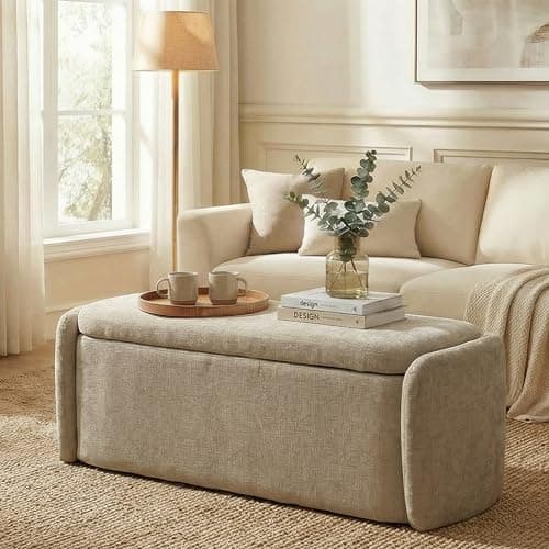 VKNOW 46" Oval Storage Ottoman Bench, Upholstered End of Bed Bench Ottomans Bench Foot Rest, Sherpa Storage Bench for Bedroom, Living Room and Hallway, Light Brown 8