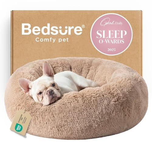 Bedsure Calming Dog Bed Medium Size Dog - Donut Washable Medium Pet Bed, 30 inches Anti-Slip Round Fluffy Plush Faux Fur Cat Bed, Fits up to 45 lbs Pets, Camel