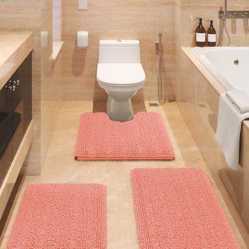 ACCUMTEK Striped Coral Bathroom Rug Set 3 Pieces Ultra Soft, Non Slip Chenille Toilet Mat, Absorbent Plush Shaggy Bath Mats for Bathroom, Bedroom, Kitchen