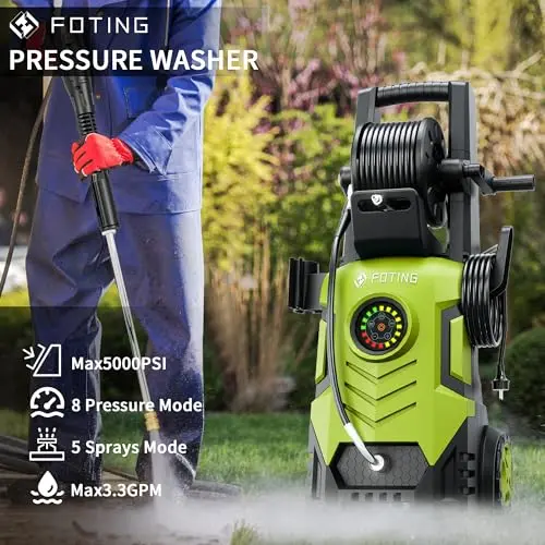 2025Upgraded Electric Pressure Washer with Adjustable Touch Screen 5000PSI 3.3GPM/8 Level, 4 Quick Connect Nozzles,Inlet Hose&Filter&500 ml Foam Cannon for Cars/Fences/Driveways/Home Cleaning 8