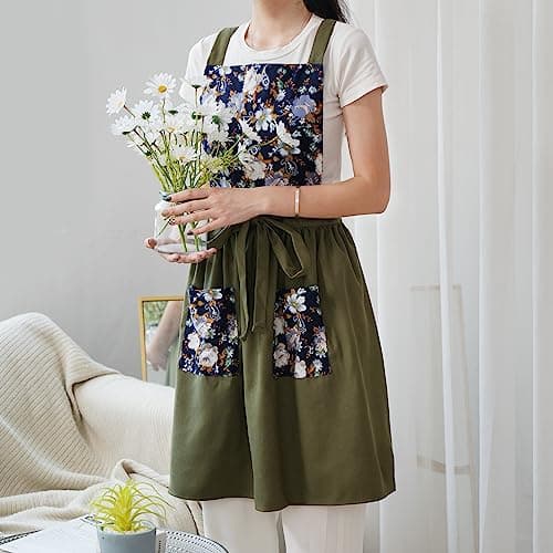 Pinknoke Vintage Pinafore Apron Dress for Women with Pockets Cute Floral Chef Aprons for Kitchen Cooking Baking Gardening (Olive Green) 7