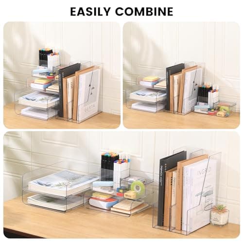 CiWiVOKi Desk Organizer with 2 Vertical File Holder, 4 Tier Stackable Paper Letter Tray File Organizer with 5-Compartments Pen Holder, Clear Desktop Organizer Office Organization and Storage 6