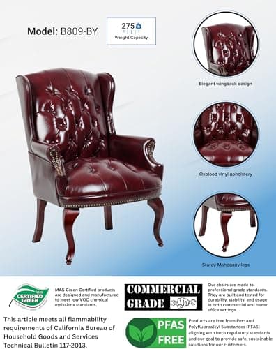 Boss Office Products Wingback Traditional Guest Chair in Burgundy, high-Back (B809-BY) 5