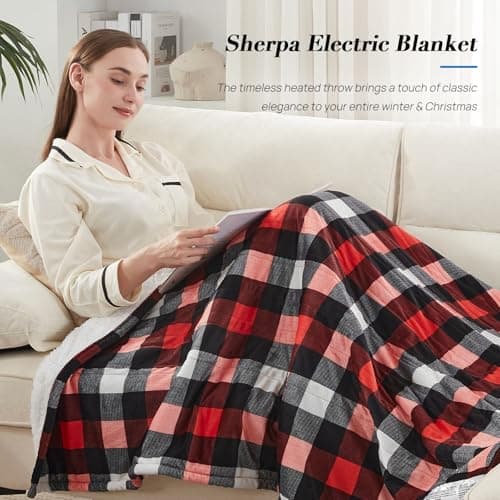 Westinghouse Electric Throw Heated Throw Blanket Soft Flannel & Sherpa Heating Blanket with 6 Heating Levels 2-10 Hours Auto-Off, Fast Heating & Overheat Protection Machine Washable, Red 50x60 Inches 5