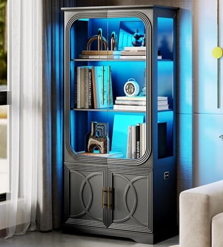 Lareth Display Curio Cabinet with Glass Doors, 69 in Tall Bookcase with LED Lights, Storage Cabinet|Kitchen Pantry Cabinet, 5 Tier Glass Display Case for Living Room, Home Office, Black 9