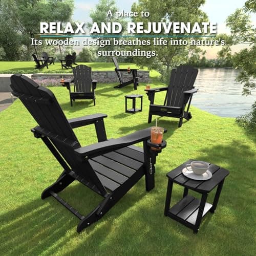 THOEOE Folding Adirondack Chair,HDPE All-Weather Outdoor Chair with Cup Holder,Wooden Textured,Fire Pit Chair,Plastic Patio Chair for Deck,Backyard,Garden,Lawn(Black) 7