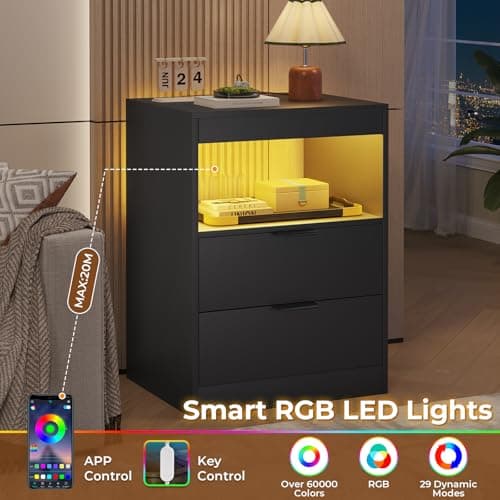 ADORNEVE LED Nightstand Black Nightstand with Wireless Charging Station 2 Drawers, Modern Bedroom End Side Table with LED Lights, Wooden Sofa Bedside Table with Pull-Out Shelf 6