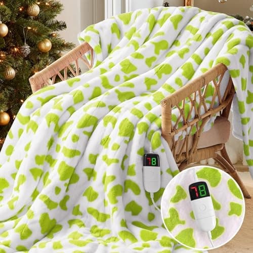 Green Cow Heated Electric Blanket Throw, 50X60 Heating Blanket with 10 Heats Levels & 8 Hours Auto Off, Cute Christmas Yoga Gifts for Women Teen Girls Mom Pets, Home Decor for Living Room Bedroom