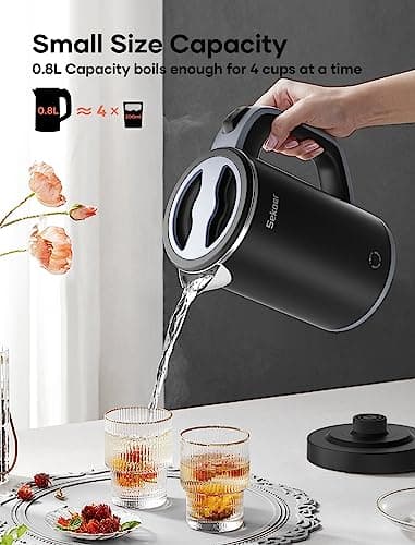 Sekaer Small Electric Tea Kettle Stainless Steel 0.8L Portable Travel Hot Water Boiler, Mini Electric Coffee Kettle with Auto Shut-Off & Boil Dry Protection, Cordless Base & LED Indicator 5