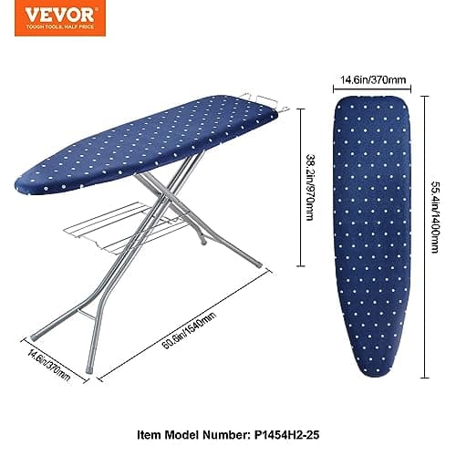 VEVOR Ironing Board with Bottom Storage Tray, Thickened 4 Layers Iron Board with Heat Resistant Cover and 100% Cotton Cover, 10 Adjustable Heights Ironing Board for Home Laundry Room Use (Size 55x15) 7