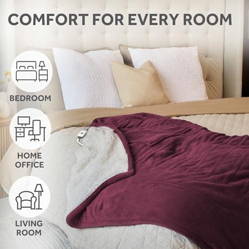 Sunbeam Electric Throw Royal Mink Sherpa Heated Blanket, 4 Heat Settings, 4-Hour Auto Shut-Off, Fast Heating, Luxurious and Ultra Comfy, Cabernet Color, 50" x 60" 5