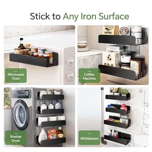 Magnetic Spice Rack for Refrigerator, Magnetic Shelf Fridge Spice Rack Organizer 2 Pack with 8 Hooks, Moveable Strong Magnetic Seasoning Organizer and Shelf for Kitchen Refrigerator Microwave 7