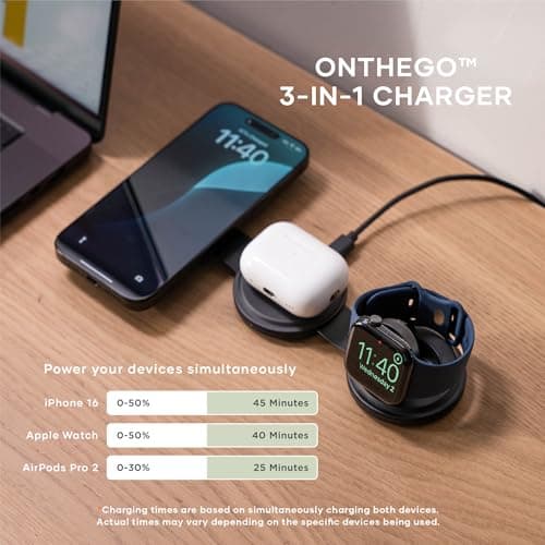 Satechi OntheGo™ 3 in 1 Wireless Charger, Qi2 Portable Charger with 15W Fast Charging for iPhone 17 to 12 Series, 5W for Apple Watch, and 5W for AirPods, Magnetic Travel Charging Station – Black 6