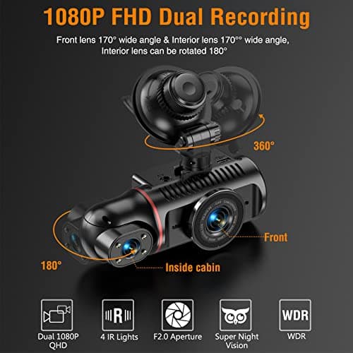 Dash Cam Front and Inside, FHD Dashcams for Cars with 64GB Card Dash Camera for Cars, 1080P Front Dash Cam+1080P Inside Dashcam for Car Dash Camera with IR Night Vision Loop Recording 5