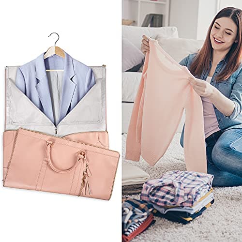 Ytonet Garment Duffle Bags for Travel, Convertible Carry On Garment Bag for Women, Large PU Leather Foldable Travel Bag with Shoe Pouch, 2 in 1 Hanging Suitcase Dress Suit Travel Bags, Pink 8