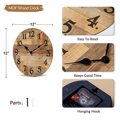 NIKKY HOME Rustic Farmhouse Wall Clock - 12 Inch Battery Operated Silent Non Ticking Vintage Wooden MDF Clock Home Decor for Kitchen, Living Room, Bedroom, Office 6