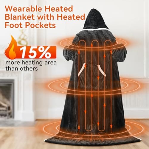 FULOG Electric Wearable Blanket with Foot Pocket, Heated Throw Blankets for Women, Snuggle Shawl Wraps with Sleeves (black) 6