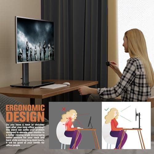 Single LCD Computer Monitor Free-Standing Desk Stand Mount Riser for 13 inch to 32 inch screen with Swivel, Height Adjustable, Rotation, Vesa Base Stand Holds One (1) Screen up to 77Lbs(HT05B-001)) 8