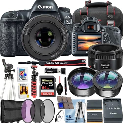 Canon EOS 5D Mark IV 4K Video Recording DSLR Camera w/Canon EF 50mm F/1.8 STM Lens+64GB Extreme PRO Memory+Tripod+Deluxe Accessory Bundle (Renewed)