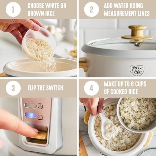 GreenLife Rice Cooker with Removable PFAS-Free Ceramic Nonstick Pot, 3-Cups Uncooked/6-Cups Cooked, Grains & Oatmeal Multicooker, Compact One-Switch Design, Auto Keep Warm, Easy Clean, Cream 10