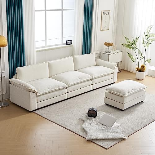 Karl home Sectional Sofa Modular Deep Seat Sofa Couch with Ottoman, Chenille Sofa Sleeper Comfy Upholstered Furniture for Living Room, Apartment, Studio, Office, (3-Seat & 1-Ottoman, Beige) 6