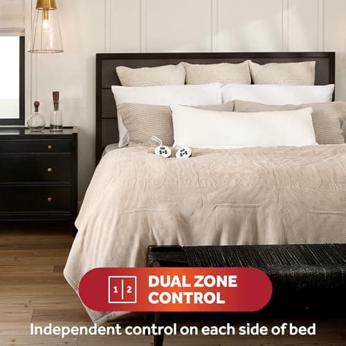 Sunbeam Electric Royal Luxe Microplush Heated Blanket 12 Heat Settings, 12-Hour Selectable Auto Shut-Off, Fast Heating, Warm and Cozy, Sandstone Color, Queen, 90" x 84" 5