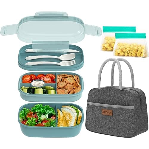JBGOYON® Bento Lunch Box for Adults, Kids, Men, and Women – Includes Stackable Lunch Containers and Lunch Bag, Perfect for Boys and Girls, Microwave Safe and BPA-Free（Green ）