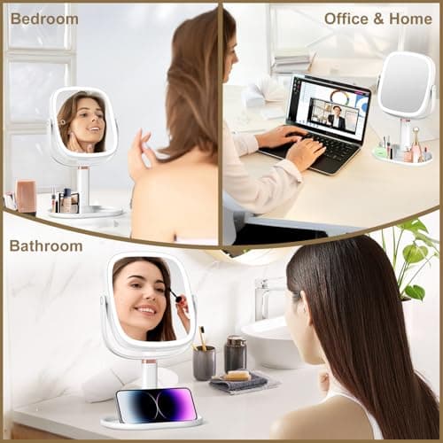 Mocado Makeup Mirror with Lights, 1X/20X Magnifying Mirror with Light, Vanity Mirror with 3 Colors Lights, Height Adjustable Lighted Makeup Mirror, Double Sided 360°Rotation, Memory Function (White) 8