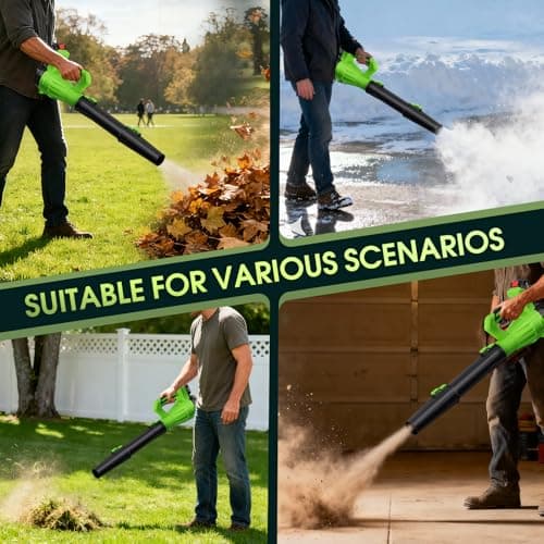 Cordless Leaf Blower 21V, 6-Speed High Power Electric Blower with 6.0Ah Battery, Lightweight Design, 2 Batteries & Fast Charger for Lawn, Patio, Dust and Leaves（Black Green） 7