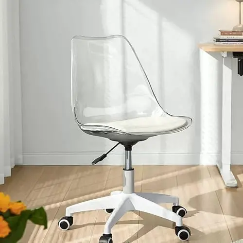 RDUEEI Clear Desk Chair,Clear Chair – Modern Transparent Desk Chairs for Bedroom, Makeup Room or Office – Armless Acrylic Rolling, Plastic Office Chairs for Small Spaces 8