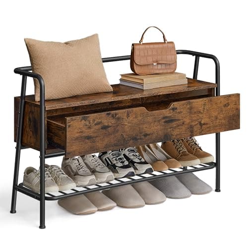 VASAGLE Shoe Storage Bench with Seating, Shoe Bench with Organizer Drawer, Industrial Style, Steel Frame, Holds Up to 600LB, for Entryway, Living Room, Bedroom, Rustic Brown and Ink Black, ULSB151K01
