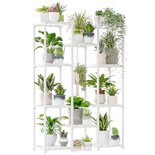 Bamworld White Plant Stand Indoor/Outdoor Ladder Plant Rack, 3 Tiers for 7 Pots, Living Room Boho Decor
