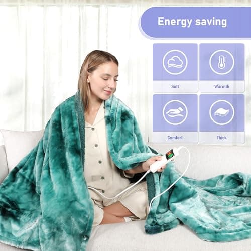 Cushious Electric Heated Blanket Throw 50''x60''Size Faux Fur Heating Blanket 10 Heating Settings, 1-8h Timer & Overheat Protection, Machine Washable, Soft Flannel and Sherpa Full Body Warmth 7