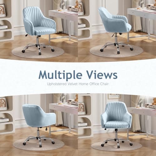 Warmiehomy Velvet Desk Chair for Home Office, Modern Adjustable Swivel Task Chair, Women Vanity Chairs with Arm Rest for Bedroom Dressing Room, Light Blue 6