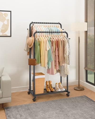 Sakugi Clothes Rack - Double Rods Clothing Rack with Mesh Shelf, Hooks & Wheels, Metal Clothing Racks for Hanging Clothes & Bags, Multifunctional Garment Rack for Laundry, Black, 28.7" x 16.5" x 59.1" 9