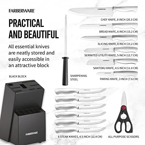 Farberware 15-Piece Kitchen Knife Set, High-Carbon Stainless Steel Blades with Wood Block, Steak Knives, Sharpening Tool & All-Purpose Shears, Razor Sharp, Ergonomic Stainless Steel Handles 4