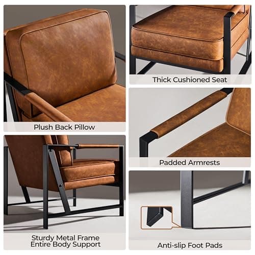Yaheetech PU Leather Armchairs, Retro Leisure Accent Chair with Extra Soft Padded and Cushion, 105 Degree Slant Back, Modern Reading Arm Chair for Living Room/Office/Bedroom/Study, 2pcs, Light Brown 5