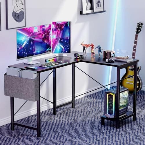 Sweetcrispy L Shaped Desk Gaming Computer 50 Inch Reversible Corner PC Work Table for Writing Study Student with Wood Tabletop Metal Frame CPU Stand Side Bag for Home Office Small Space, Grey 7