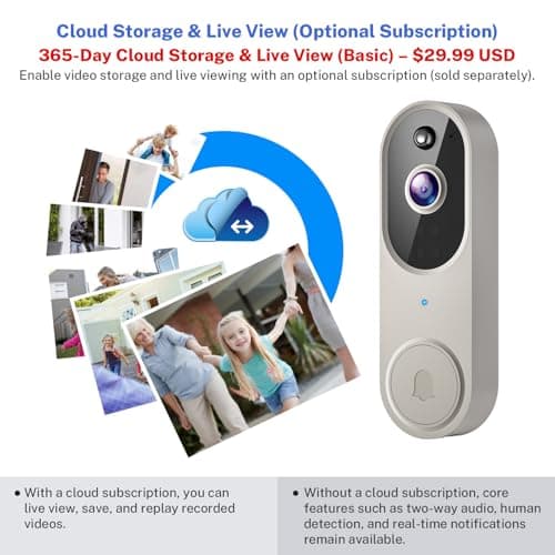 LumoYuzu 1080p Wireless Doorbell Camera for Home Security, Battery Powered, Live View, Cloud Storage, AI Human Detection, Night Vision, Two Way Audio, Indoor Outdoor Surveillance, 2.4G Wi-Fi only 5