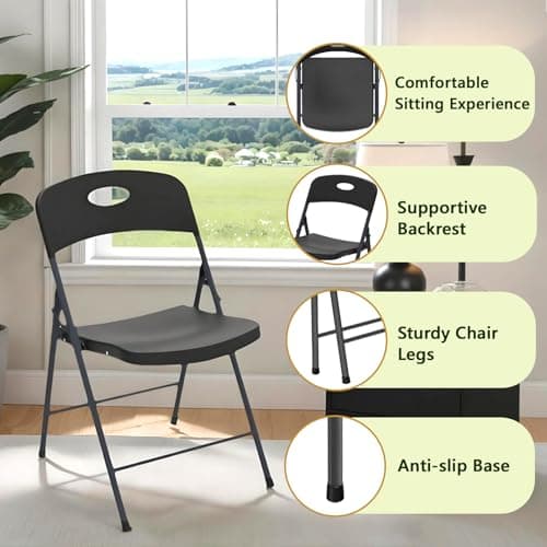 MAKE CHANGES Folding Chair 4 Pack, Outdoor Plastic Sturdy Metal Folding Chairs for Outside Indoor, Portable 350 lbs Capacity Heavy Duty Foldable Commercial Seating for Picnic, Party, Patio, Office 5