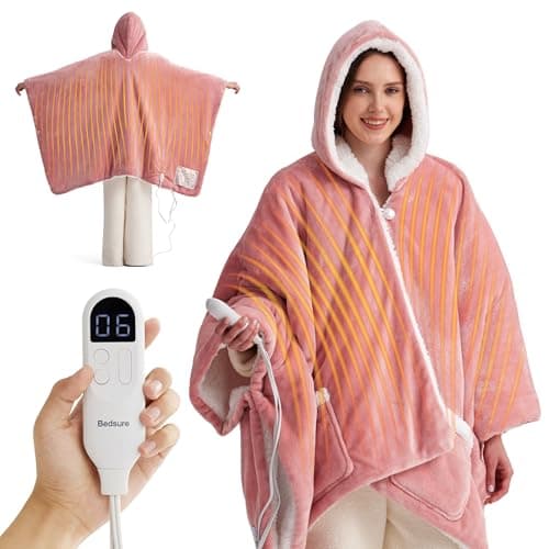 Bedsure Heated Blanket Wearable Shawl - Electric Wrap Poncho Blanket Hoodie for Adult, Winter Gifts for Mom Women Girlfriend, Warm Sherpa Heating Throw, Auto Shut Off, 55x64 inches, Pink