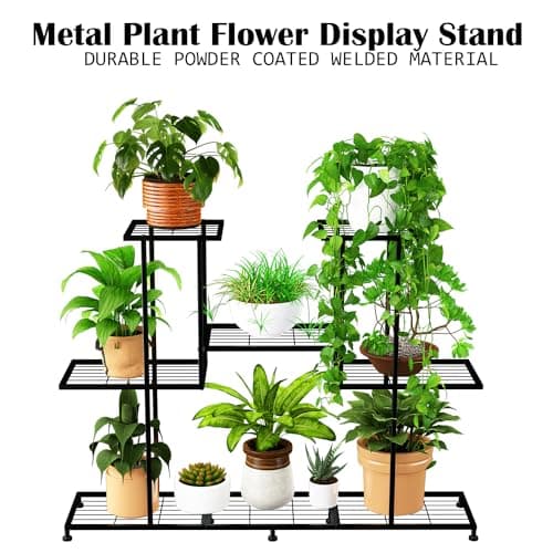 Twhep Metal Plant Stand, 5 Tiers Multifunctional Plant Stands for Indoor Plants, Decorative Black Steel Plant Shelf for Indoor Patio Garden Balcony and Yard (4 tiers 12 pots) 7