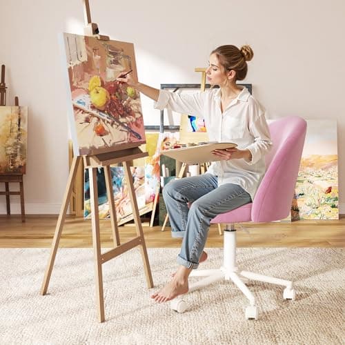 EnHomee Vanity Chair with Wheels, Comfy Office Chair with Back, Cute Desk Chair for Bedroom, Home Office, Makeup Room,Armless,Gentle Pink 9