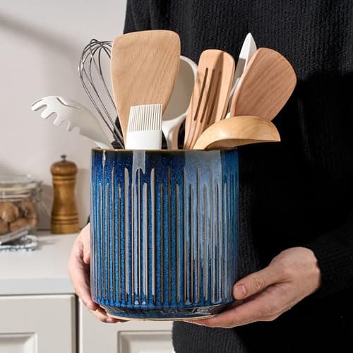 JIEMEI HOME Kitchen Utensil Holder, 7.2" Large Ceramic Stable Utensil Crock for Kitchen Counter, Utensil Holder with Cork Mat, Removable Bamboo Divider for Easy, Kitchen Decor, Special Reactive Navy 8