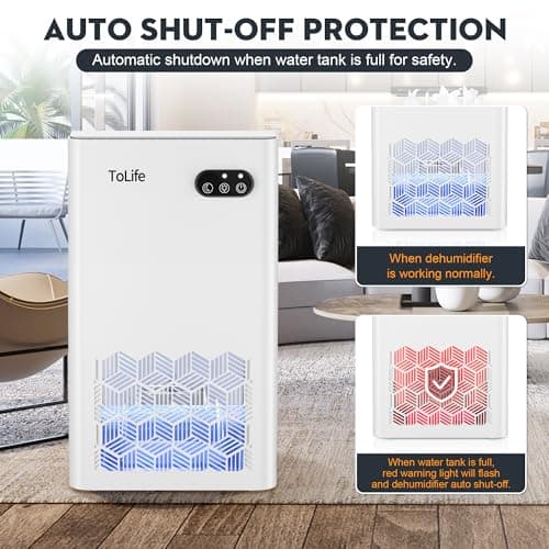 ToLife Dehumidifiers for Home 95 OZ Water Tank, 1000 sq.ft Dehumidifier for Basement Bedroom Bathroom with Auto Shut Off 7 Colors LED Light,White 6
