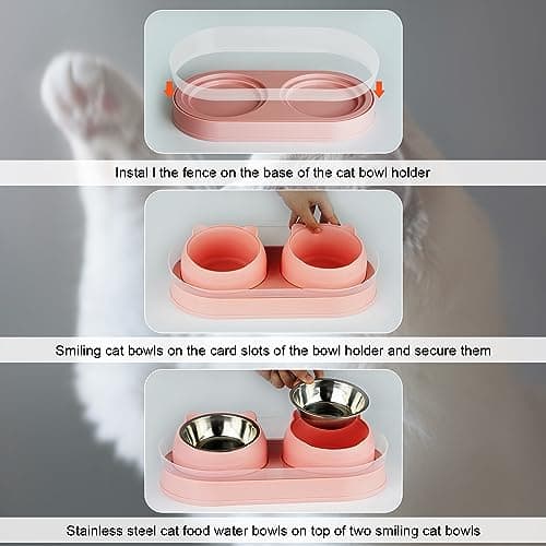 KEVIDEAWL Elevated Cat Food Bowls, Raised Cat Bowl with Stand Stainless Steel, Tilted Bowls Anti Vomiting, Double Cats Food and Water Bowl Set for Cats (Pink) 7
